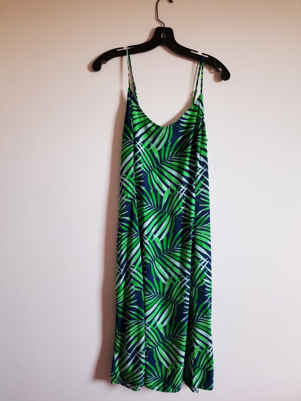 Tropical Leaf Print Slip Dress in Green and Navy